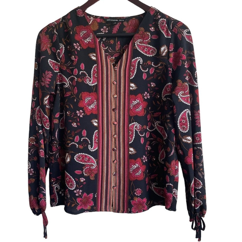 Zac Rachel Women Blouse Top SP Paisley Floral Boho Peasant Tie Sleeve Notch Neck